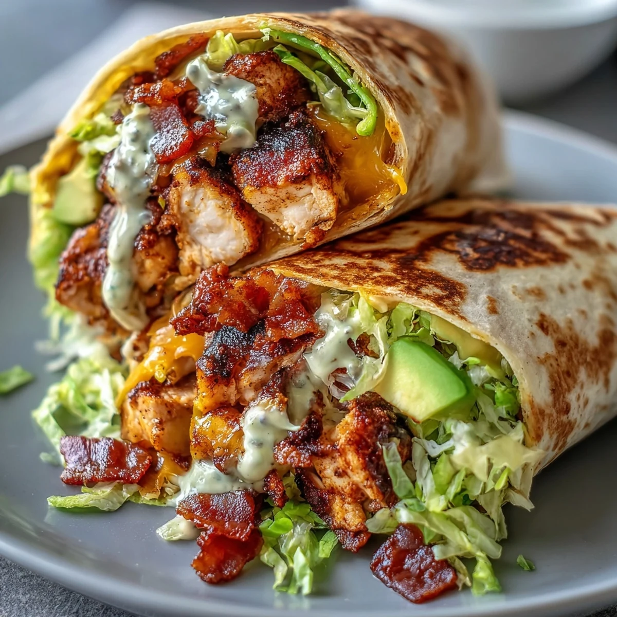 Freshly assembled crispy chicken bacon wrap garnished with diced tomato and avocado, served with a side of extra sauce.