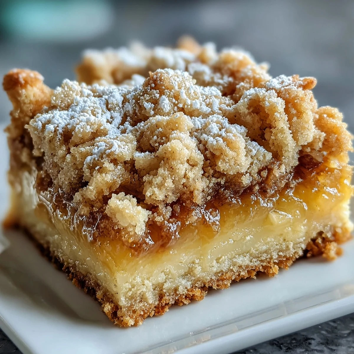 Aerial view of Homemade Lemon Crumb Bars dusted with powdered sugar beside a hot cup of tea.