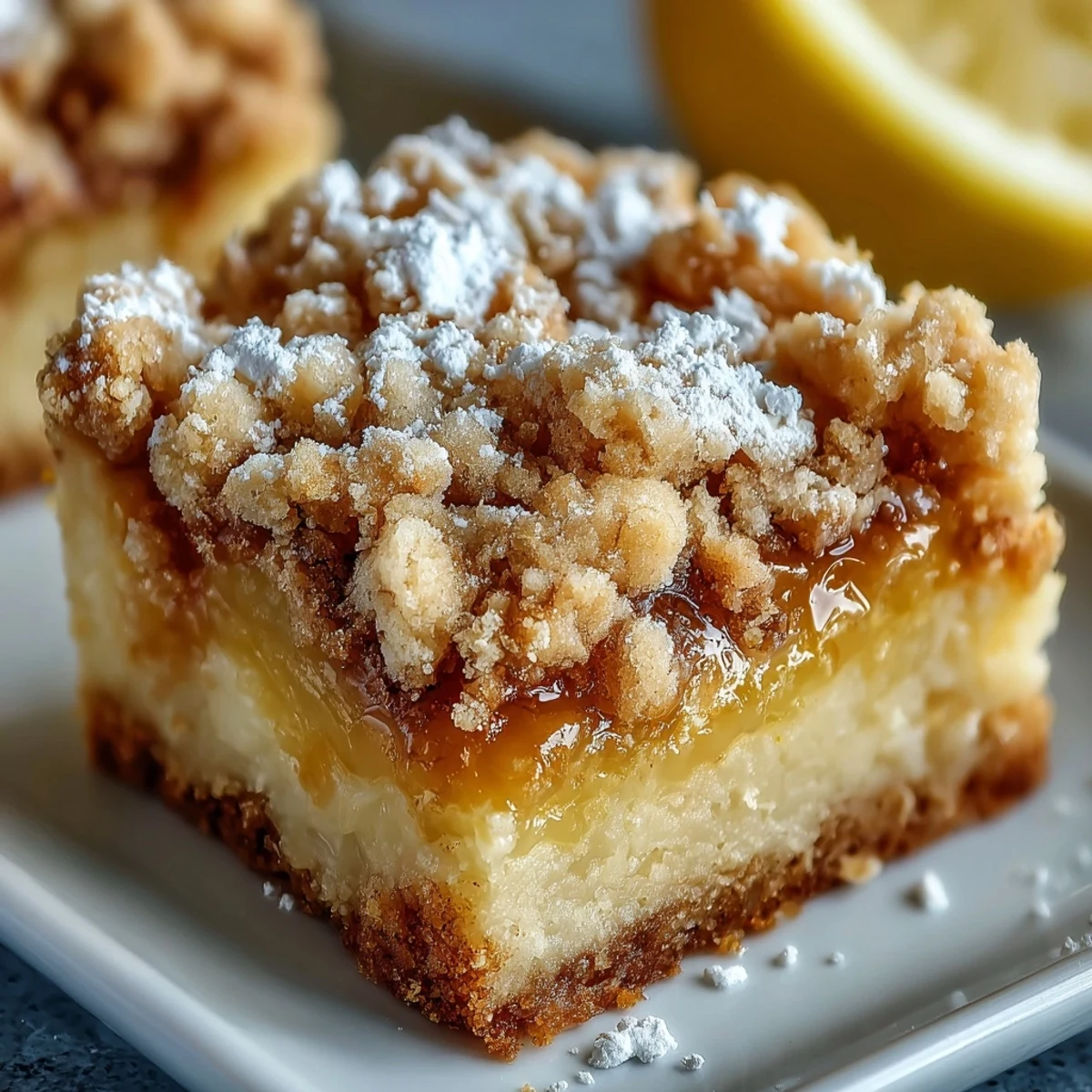 Homemade Lemon Crumb Bars cut to reveal a bright yellow citrus filling and golden, buttery crumbs.