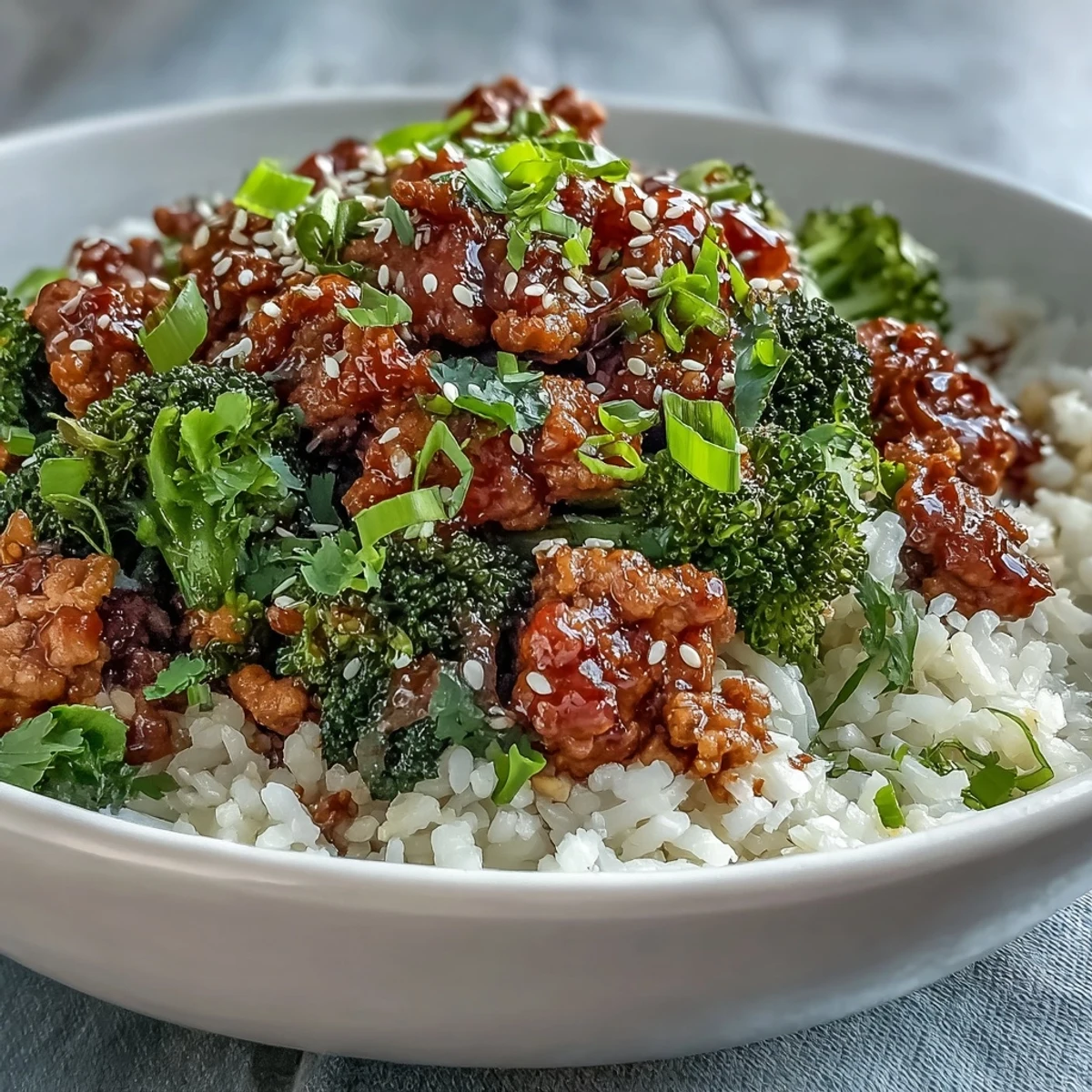 Sweet and spicy turkey broccoli bowls feature tender ground turkey coated in a glossy honey sriracha glaze over steamed broccoli and brown rice, garnished with green onions and sesame seeds.