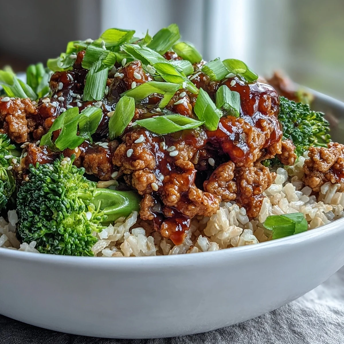 A close-up of sweet and spicy turkey broccoli bowls shows fluffy brown rice topped with saucy ground turkey, vibrant steamed broccoli florets, and fresh green onion garnish for crunch.