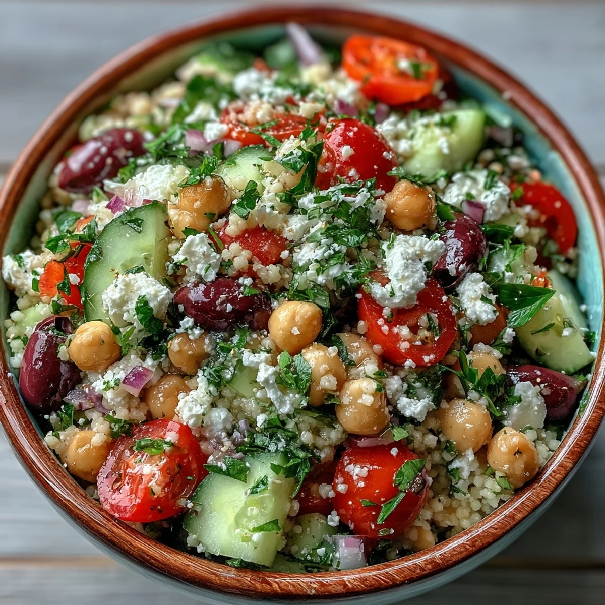 Freshly cooked Mediterranean Pearl Couscous salad with diced red bell pepper, cucumber, cherry tomatoes, and kalamata olives in a large white bowl. A fork rests beside the vibrant mix, ready for a light lunch.