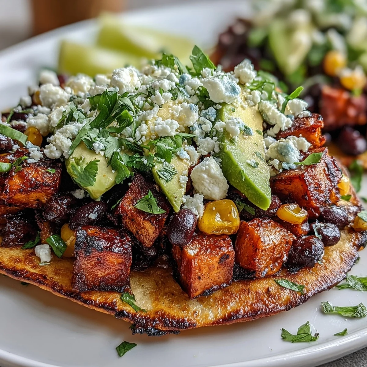 A vibrant platter of homemade Black Bean and Sweet Potato Tostadas garnished with fresh cilantro and lime wedges, perfect for an easy vegetarian weeknight dinner.