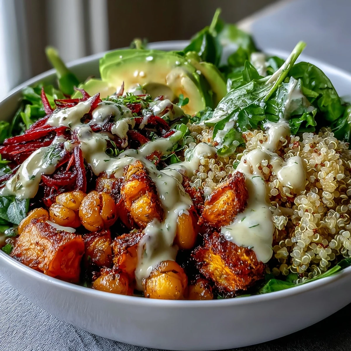 Creamy garlic tahini dressing drizzles over fresh veggies and sliced avocado for a nourishing meal.