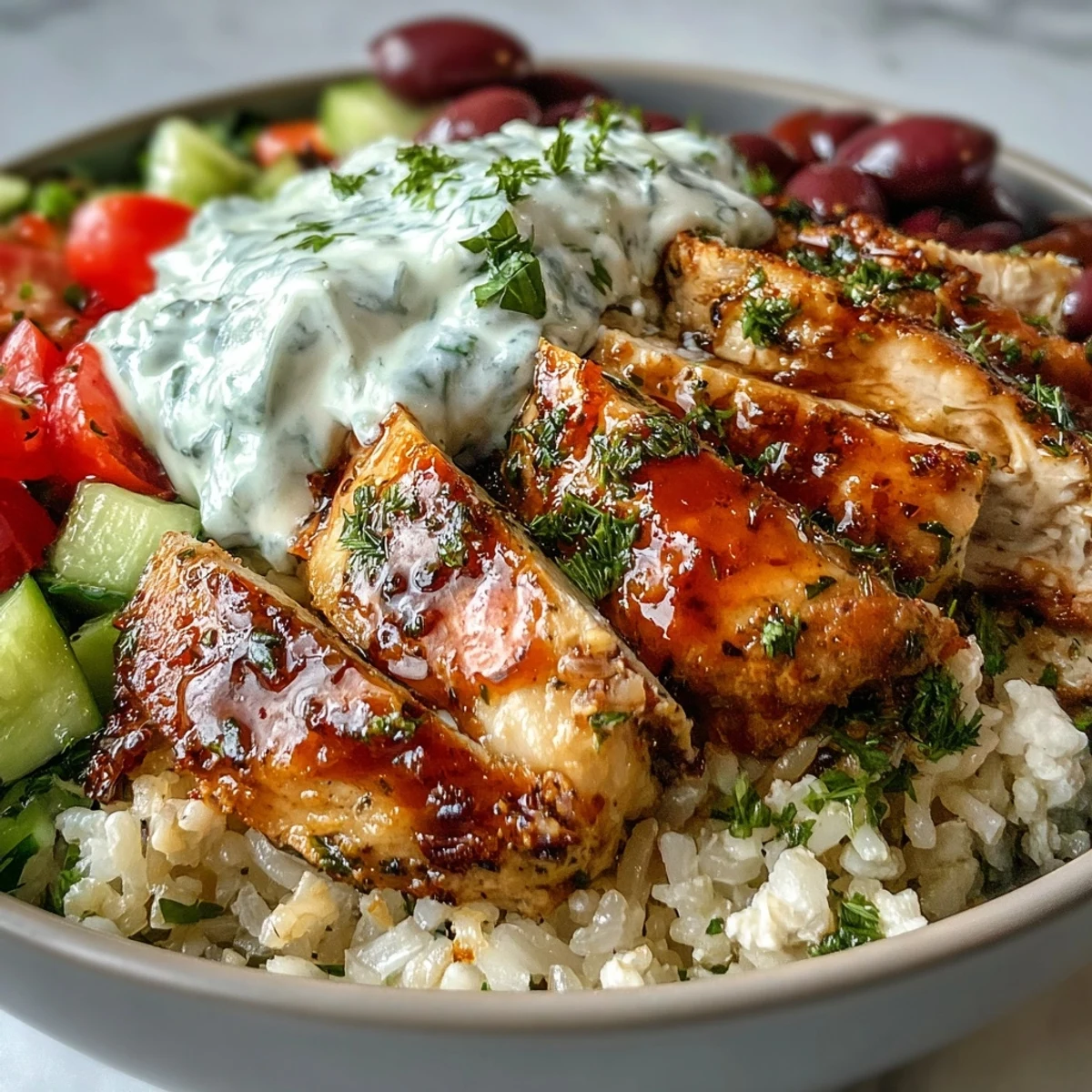 Juicy Greek chicken, herbed rice, and tzatziki in a vibrant bowl with fresh salad and olives.  