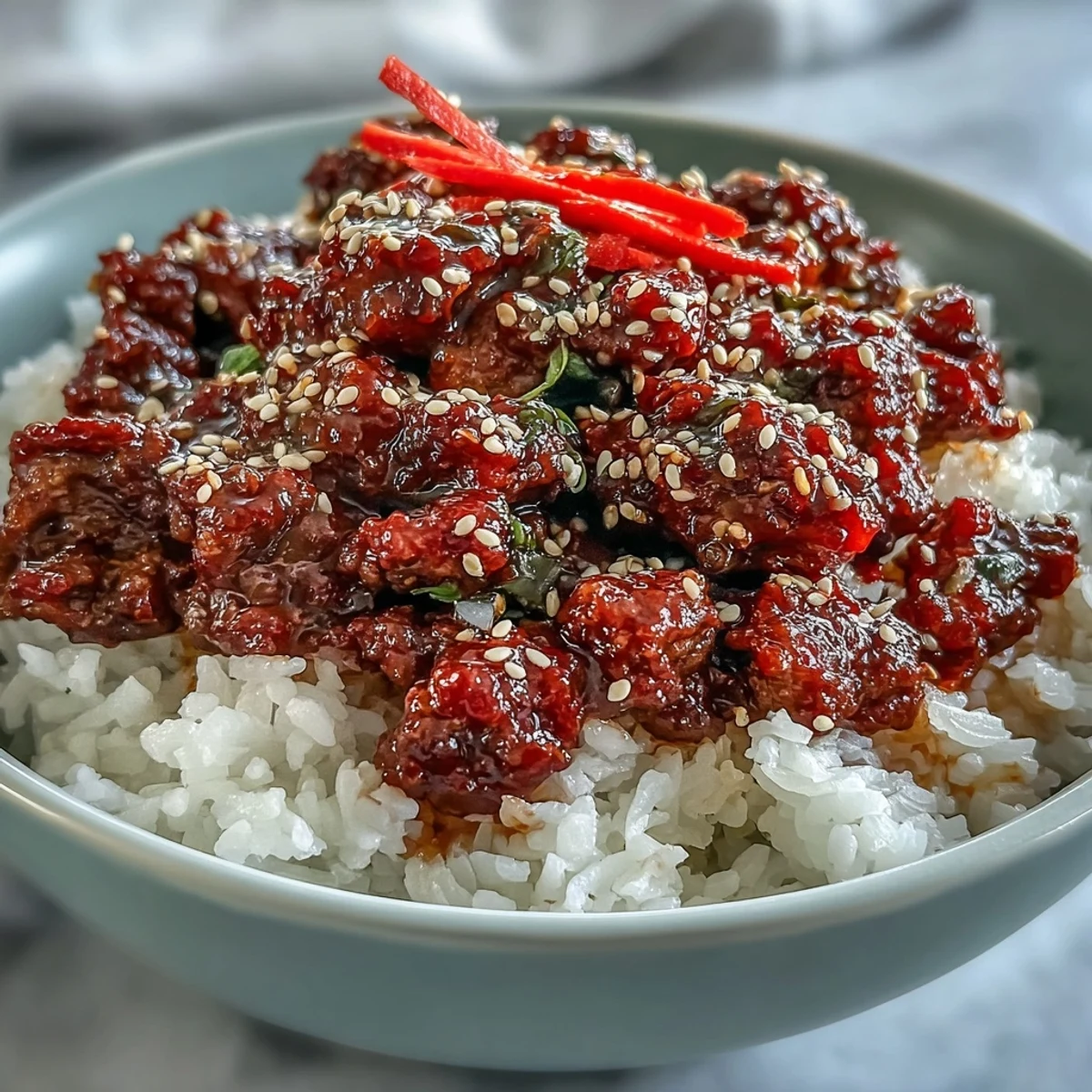 A vibrant Korean Beef Bowl with spicy gochujang beef, fluffy rice, and colorful pickled vegetables and crunchy cucumbers.