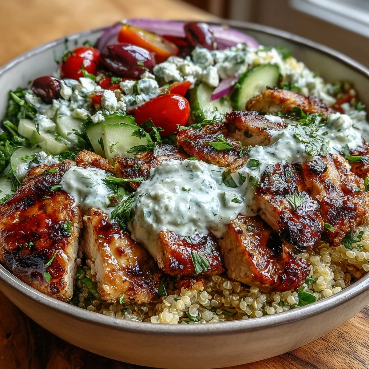 Juicy lemon-herb grilled chicken sliced over fluffy quinoa with cucumber, tomatoes, and creamy tzatziki in this Greek Chicken Power Bowl.