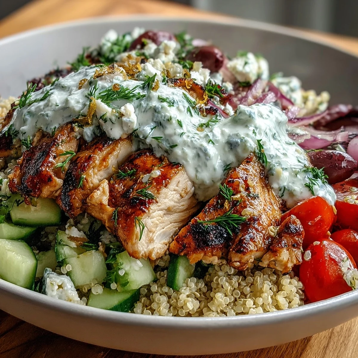 A vibrant Greek Chicken Power Bowl with golden chicken, crisp veggies, and a generous dollop of cool tzatziki sauce ready to enjoy.