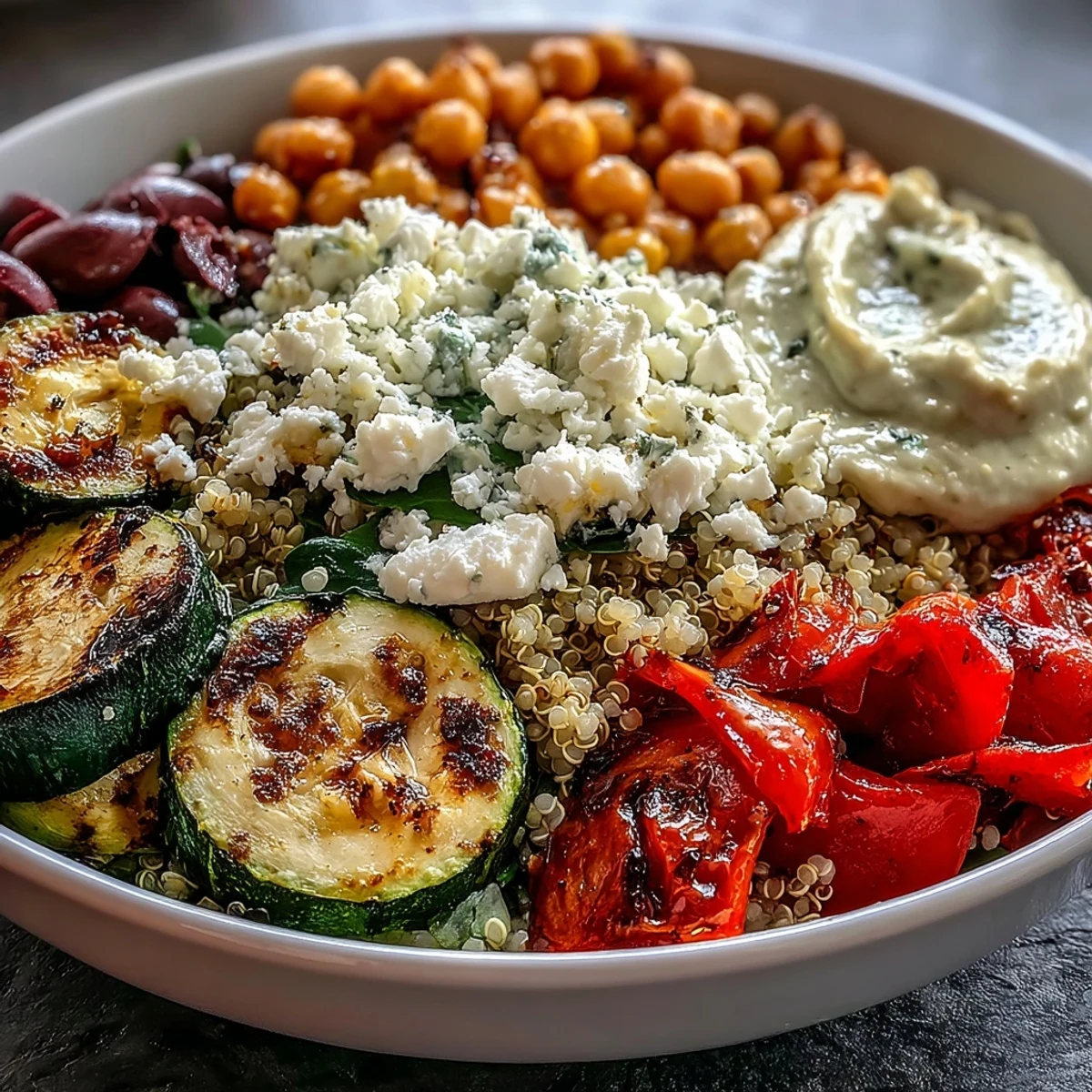 Roasted chickpeas and olives top this fresh Mediterranean Buddha Bowl, drizzled with creamy hummus and Greek yogurt.