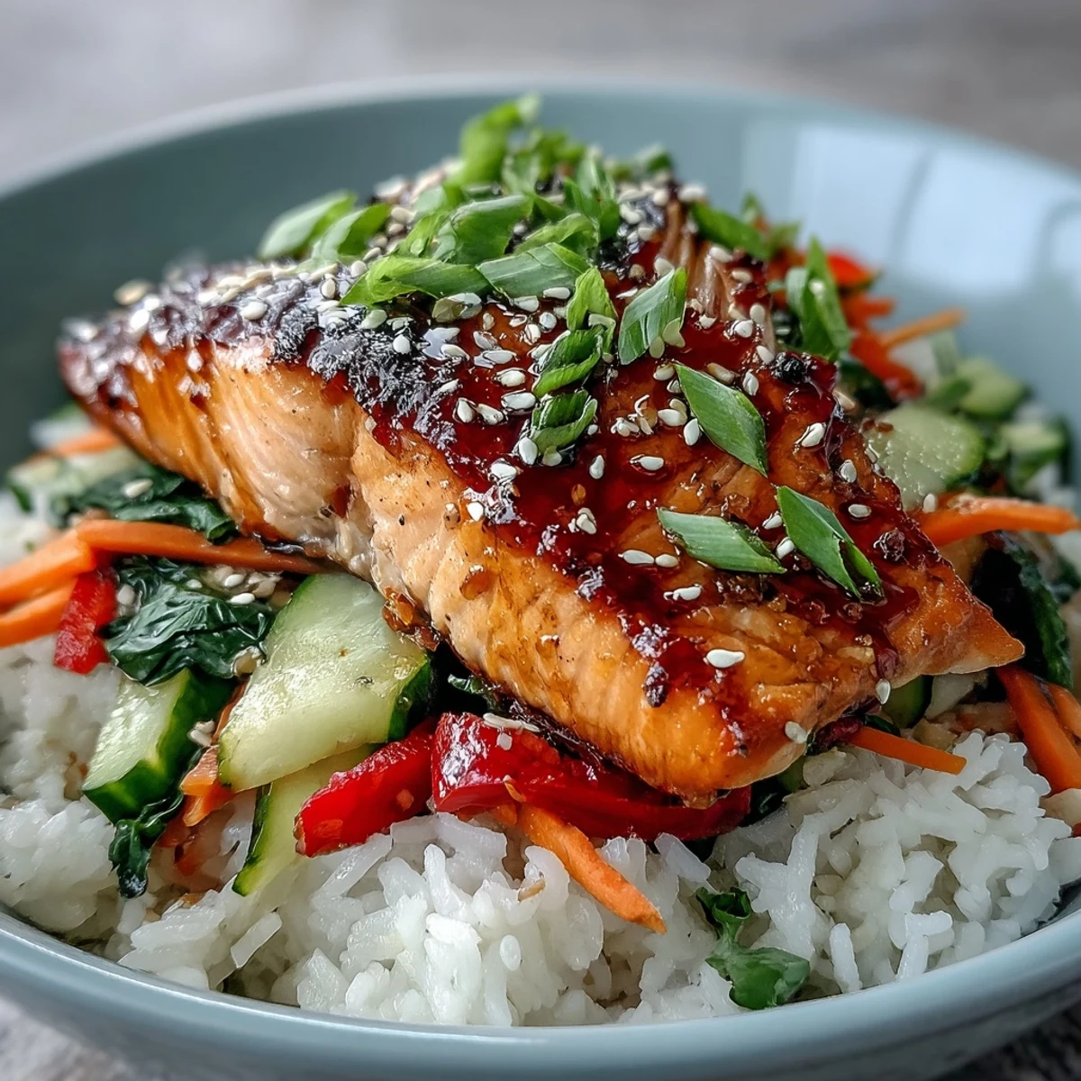 Top-down view of Asian-Inspired Salmon Bowl with glazed fillet over fluffy rice and colorful crunchy vegetables.
