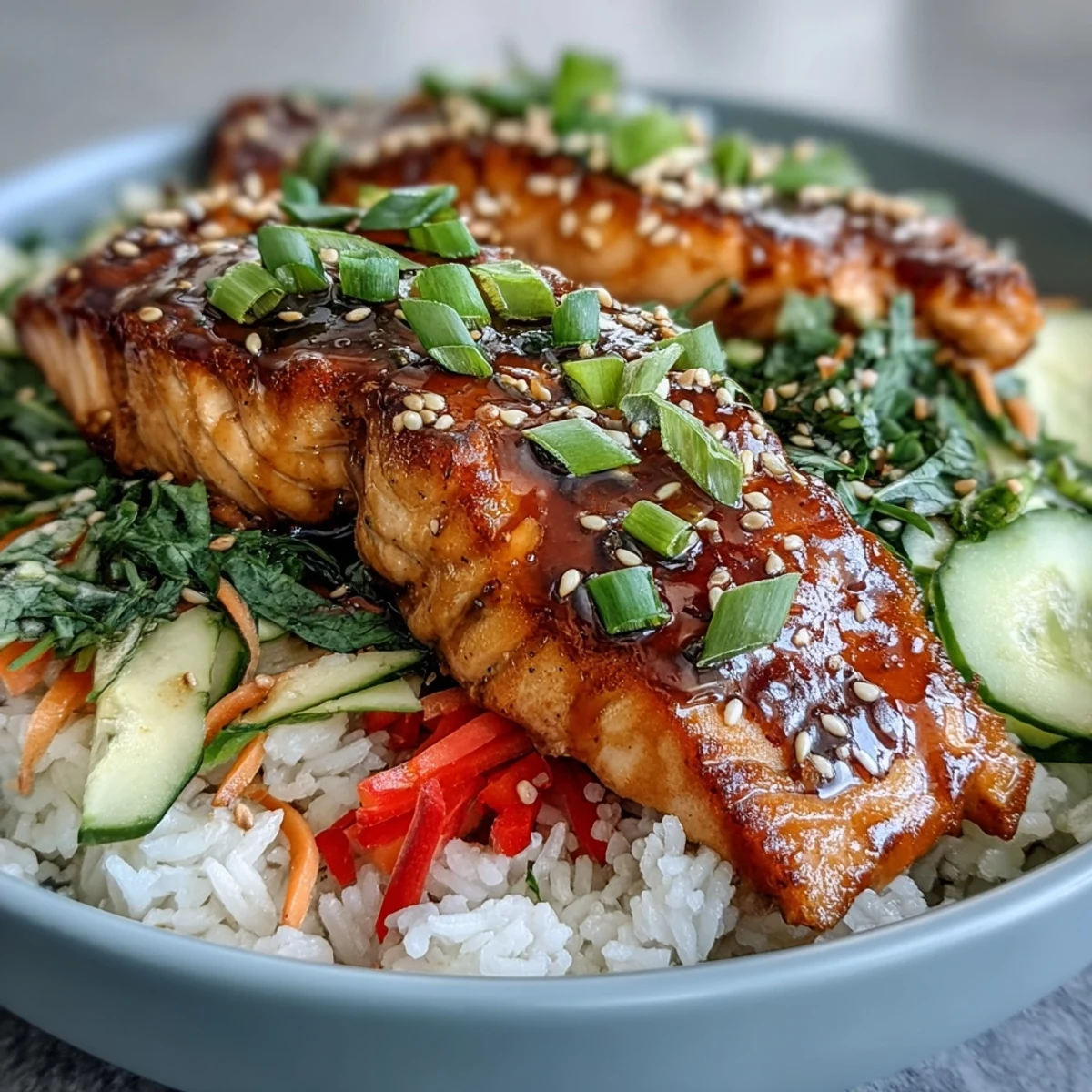 Healthy Asian-Inspired Salmon Bowl with glazed salmon, edamame, julienned carrots, peppers, and sesame seeds for dinner.