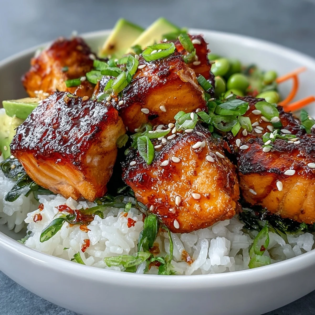 Flaky baked salmon cubes rest on fluffy rice with crisp cucumber, shredded carrots, and creamy avocado slices.
