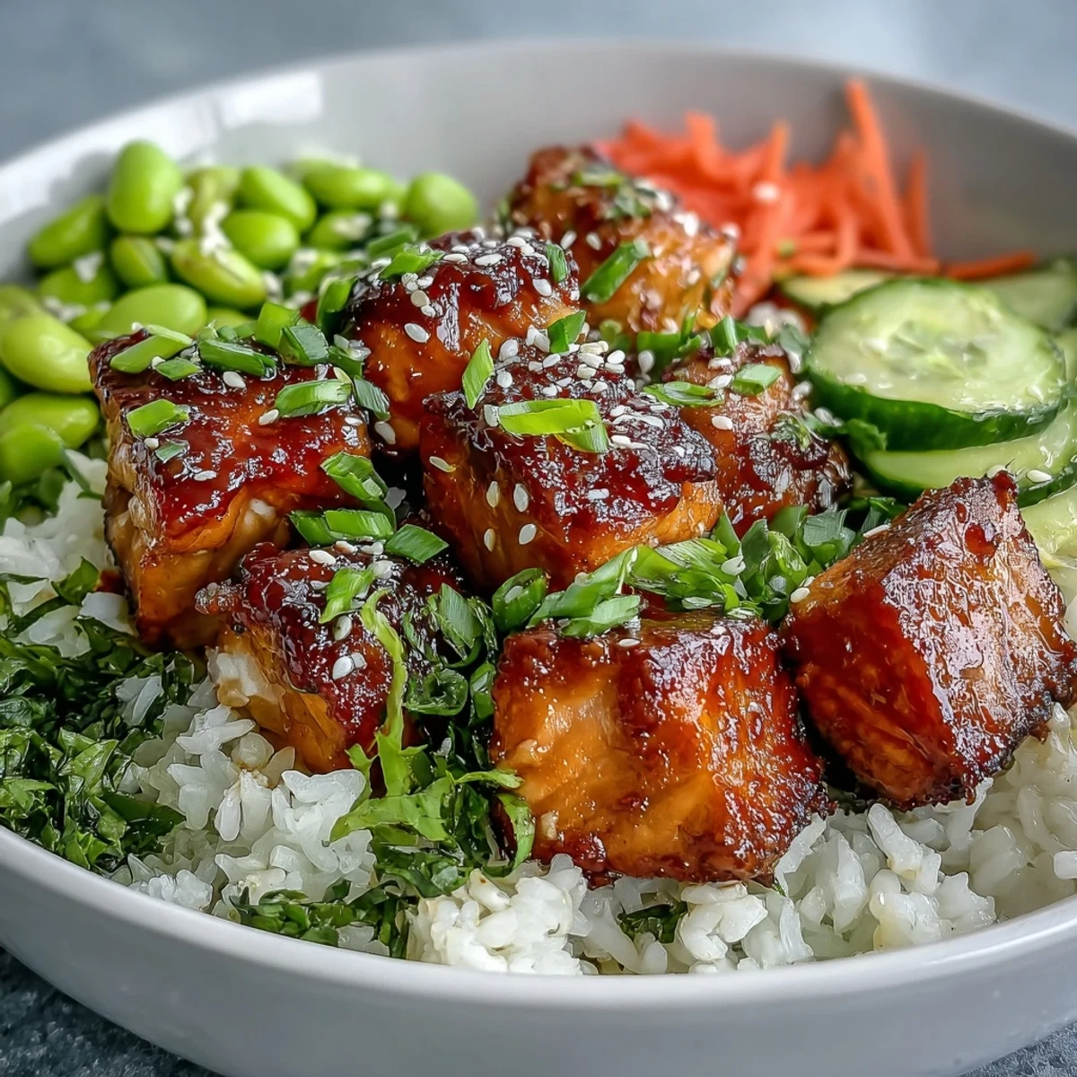 Healthy broiled salmon and steamed rice bowl topped with edamame and pickled ginger, served with lime wedges.