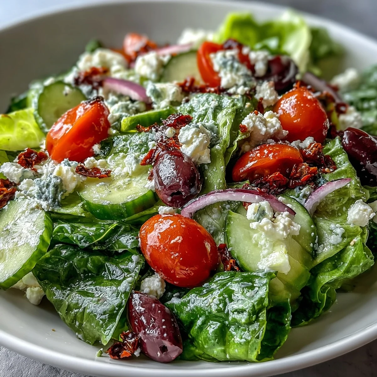 Crisp romaine, juicy tomatoes, and briny Kalamata olives in a vibrant Greek Salad Bowl.