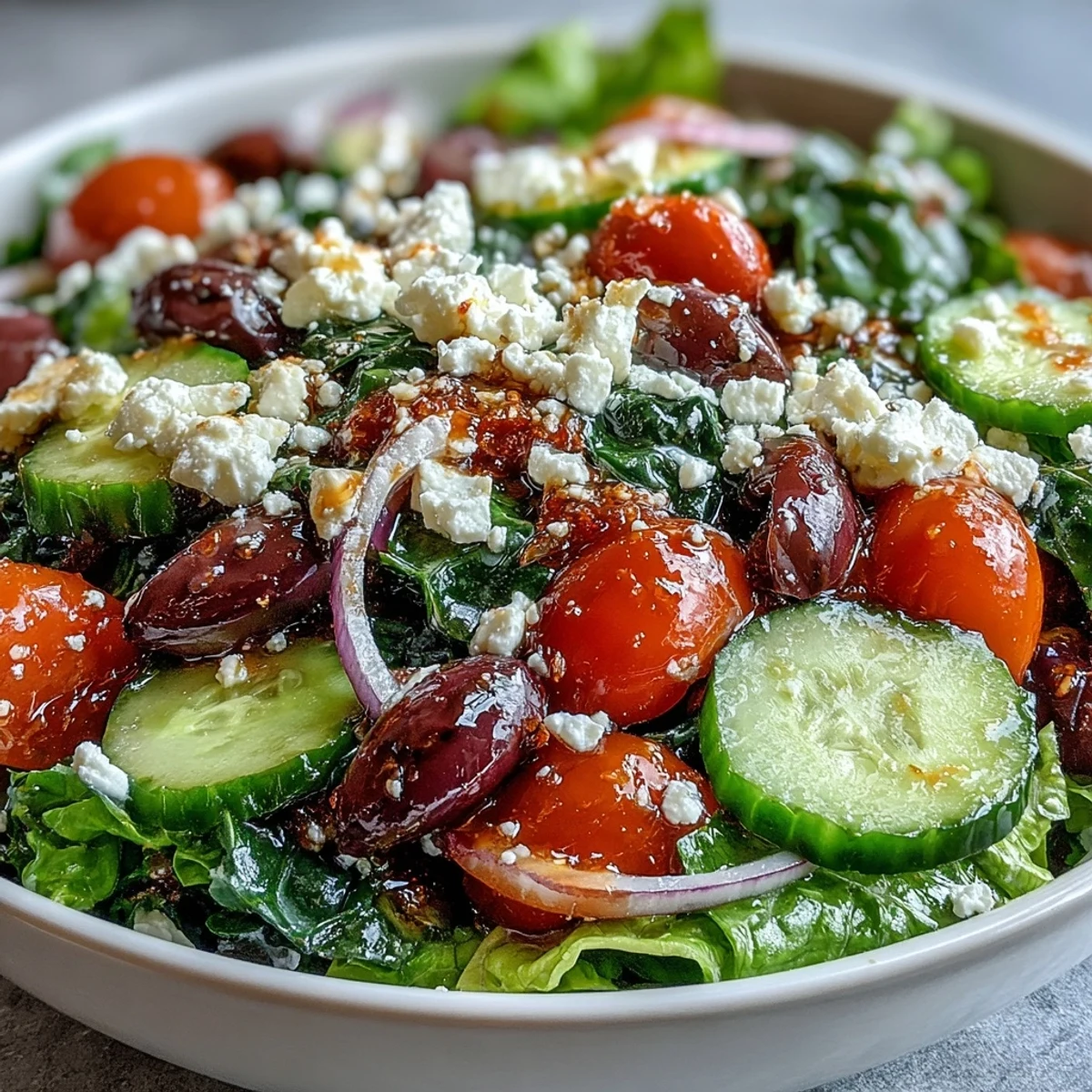 A close-up of a Greek Salad Bowl with creamy feta, crunchy cucumbers, and a tangy vinaigrette drizzle.