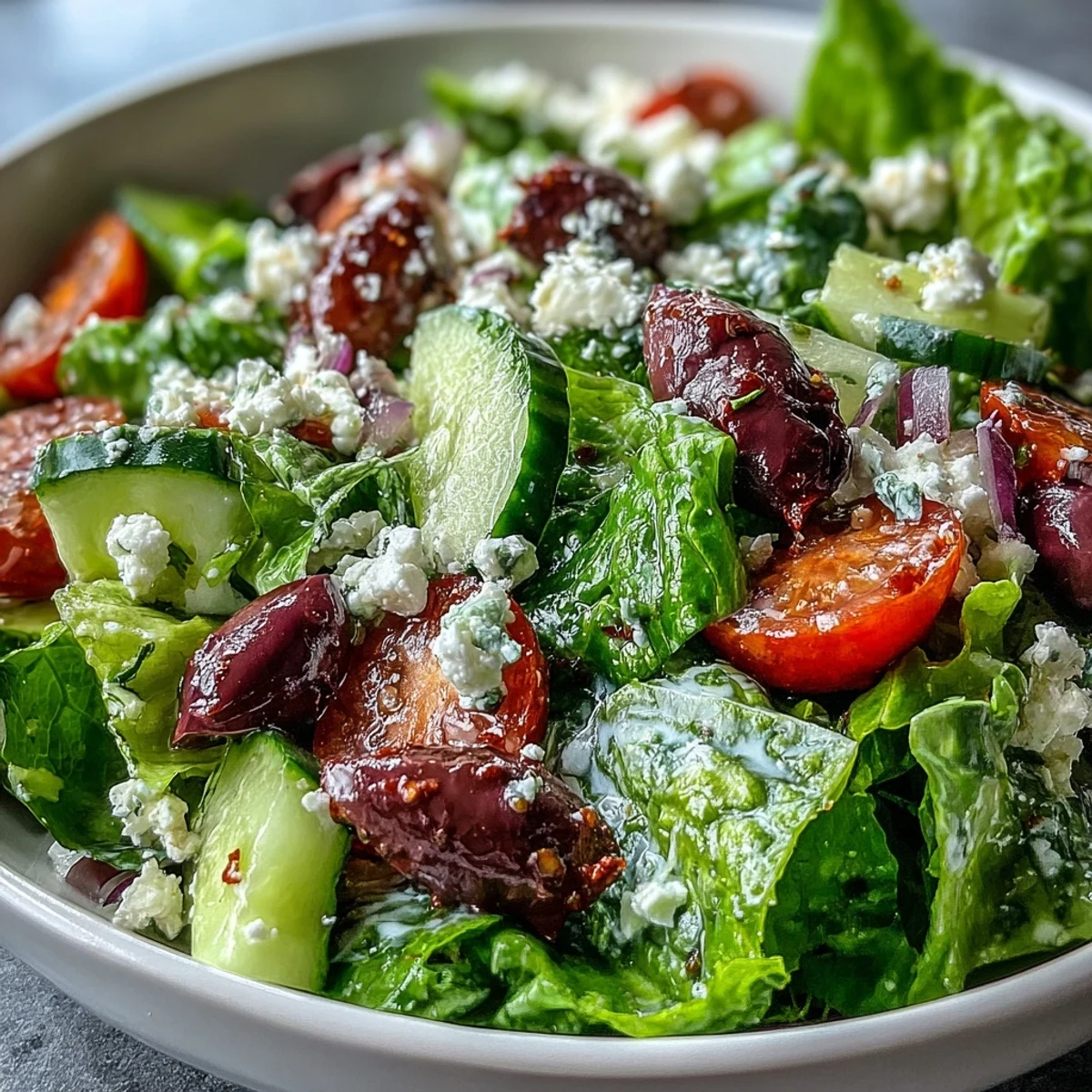 Freshly tossed Greek Salad Bowl garnished with red onion and oregano, ready to serve as a light vegetarian meal.