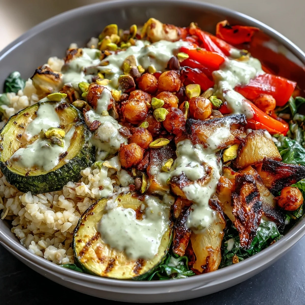 This Mediterranean Buddha Bowl Meal Prep features fluffy bulgur pilaf with pistachios, tender veggies, and a rich tahini drizzle.
