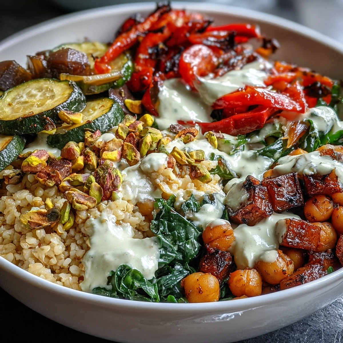 Nutrient-packed Mediterranean Buddha Bowl Meal Prep ready for lunch: warm roasted zucchini, crisp kale, and hearty chickpeas.