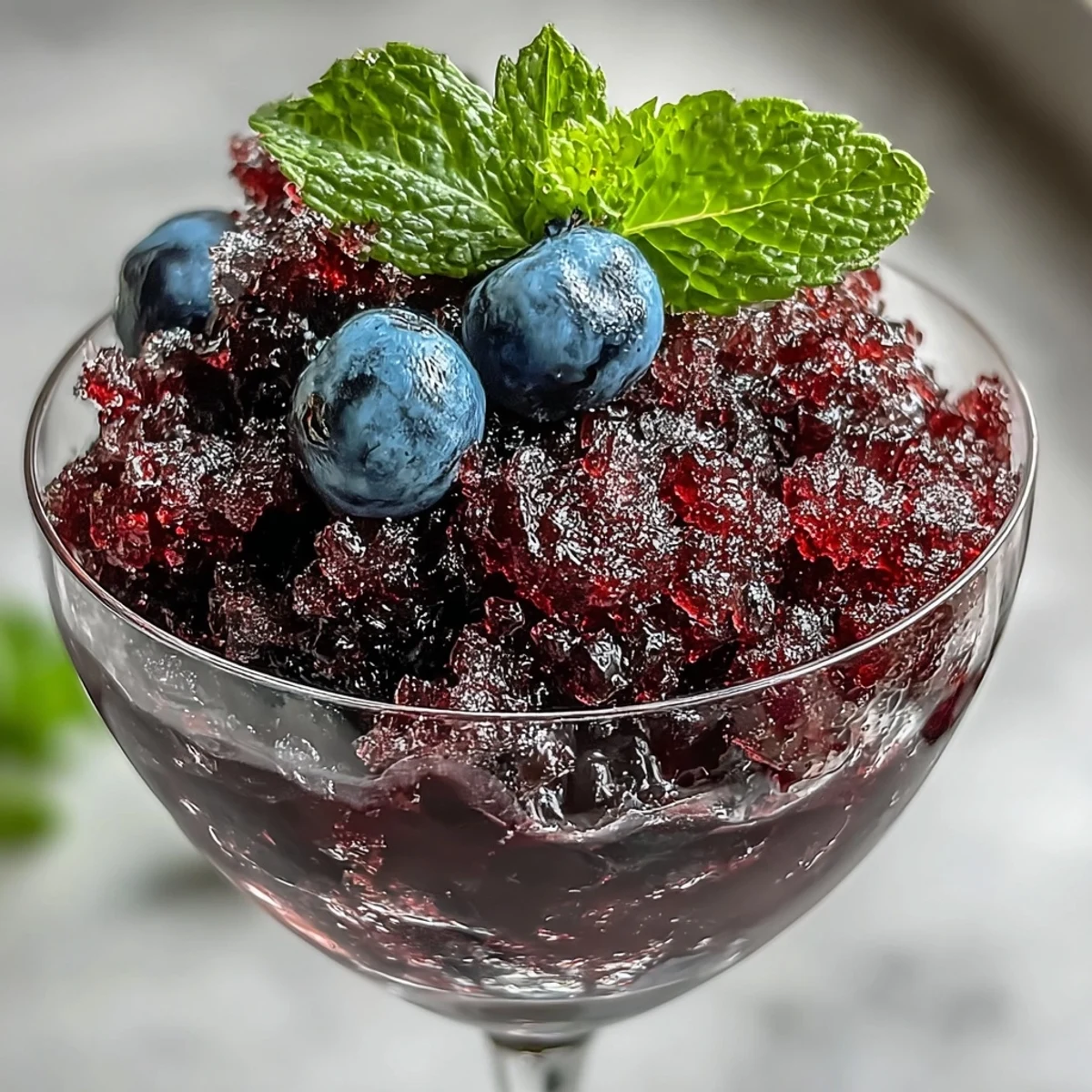 Bright purple Black Currant Granita in a clear glass with a spoon, showing its fluffy, crystalline texture. 
