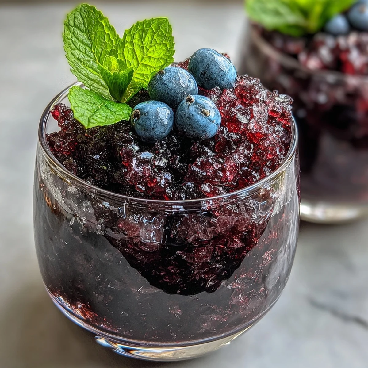 A bowl of homemade Black Currant Granita topped with a fresh mint sprig, perfect for a hot summer day. 