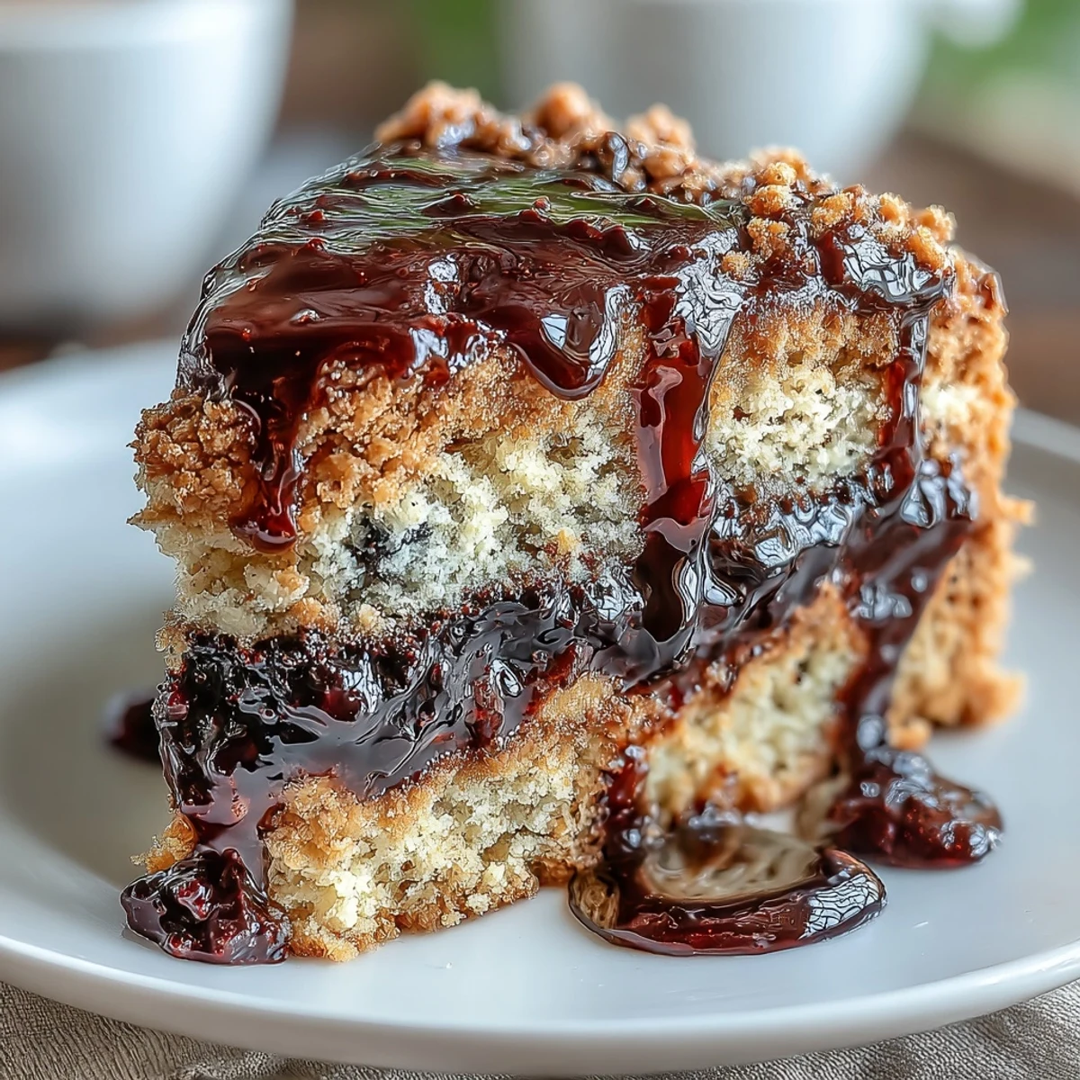 Slices of PB and J Cake With Black Currant Sauce served with a tall glass of milk on a rustic kitchen table.