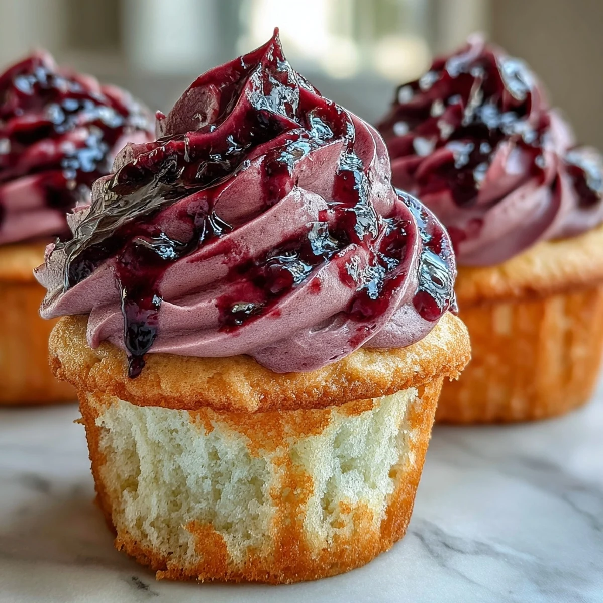 Close-up of olive oil cupcakes with creamy black currant frosting, garnished with fresh berries and a bright lemon twist.