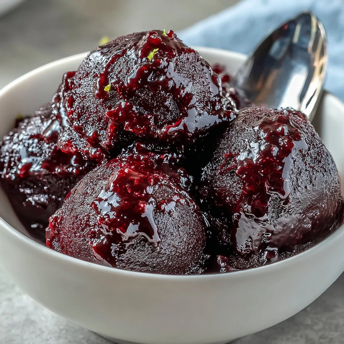 A spoon digs into a frozen bowl of Black Currant Sorbet, revealing the rich, seedless berry puree and a bright, tart finish.