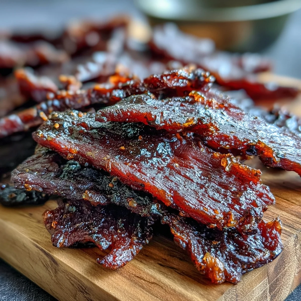 A close-up view shows tender marinated beef slices, seasoned with paprika and ready for the smoker or dehydrator.