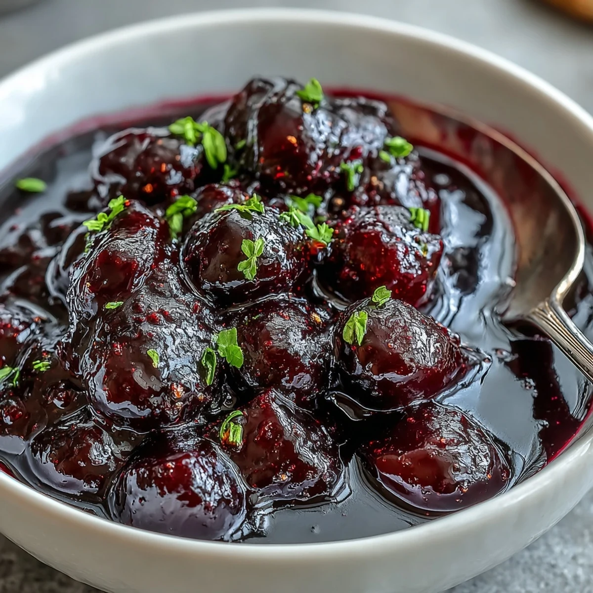 Dark purple Black Currant Reduction in a small white ramekin, surrounded by fresh currants and thyme sprigs.