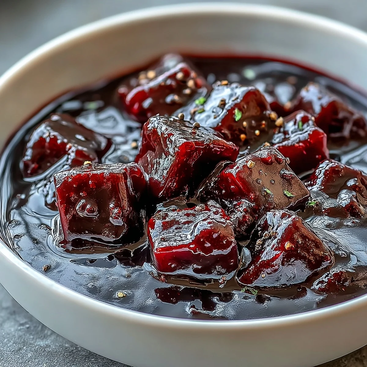 Warm Black Currant Reduction poured from a small saucepan over grilled pork tenderloin with rosemary.