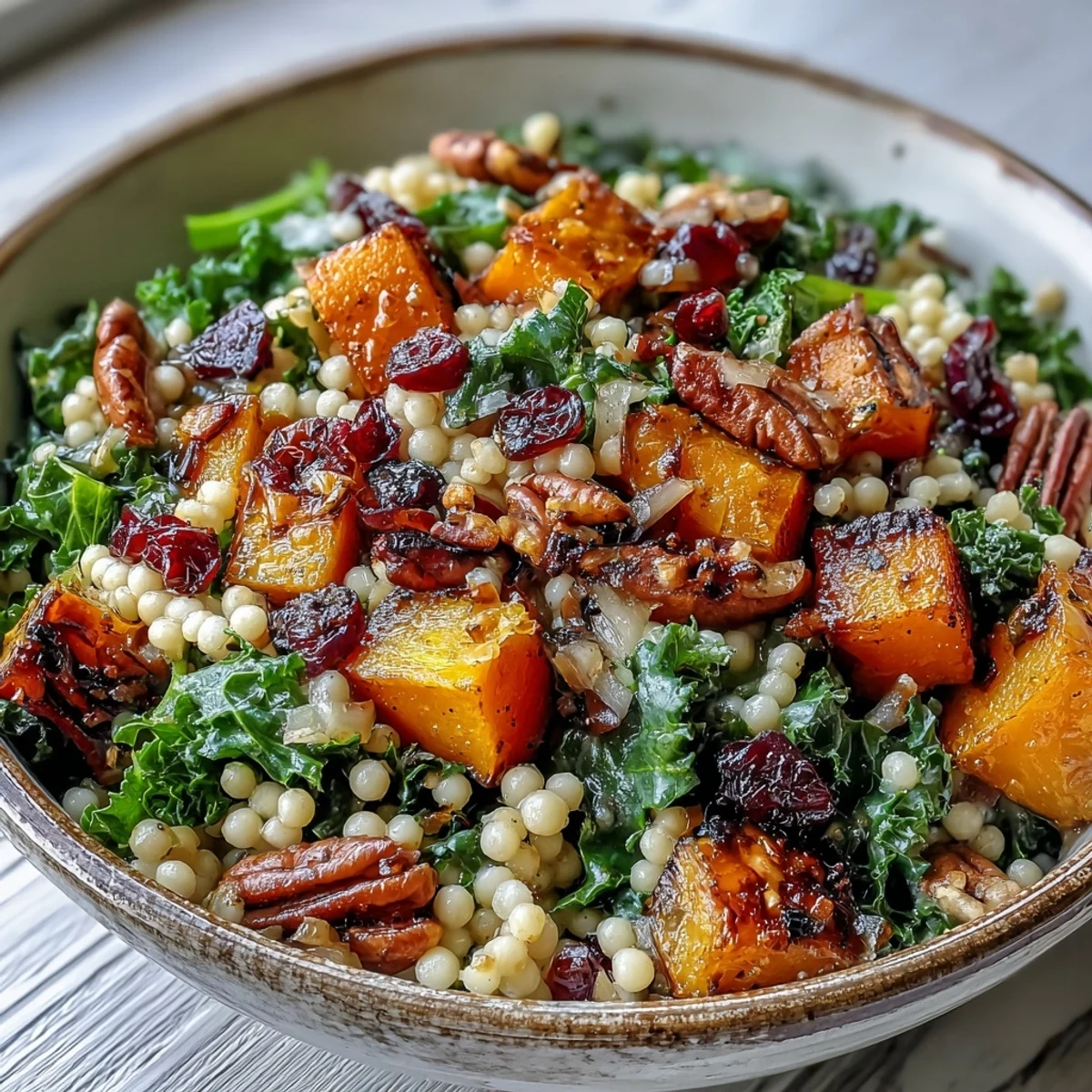 Bright orange roasted butternut squash and chewy cranberries mingle with massaged kale and toasted pecans in this Honey Autumn Pearl Couscous Salad.