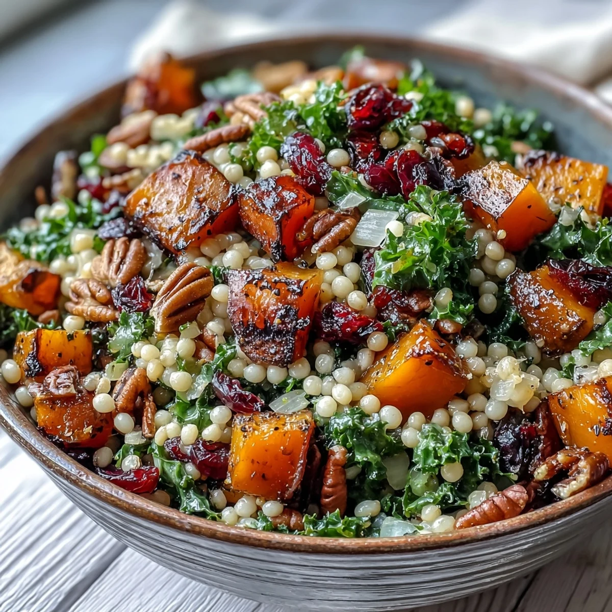 Sliced red onion and golden squash pieces peek from a vibrant bowl of Honey Autumn Pearl Couscous Salad with lemony dressing.