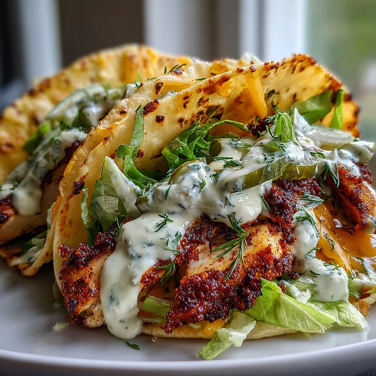 Golden, crispy cheese lace wraps a warm tortilla loaded with smashed ranch chicken, pickles, and red onion.