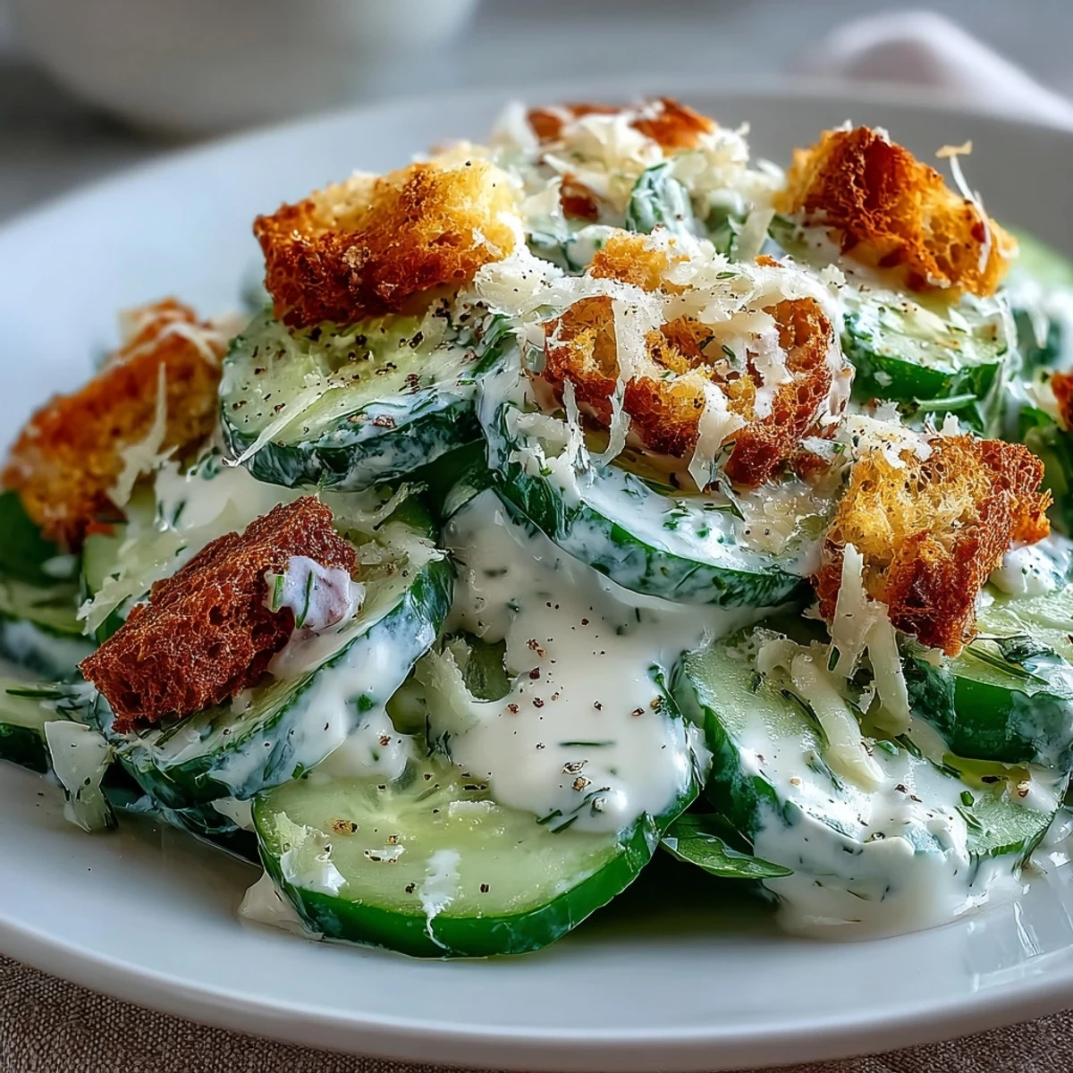 A chilled vegetarian Cucumber Caesar Salad with creamy dressing and crunchy croutons, perfect for a quick lunch.