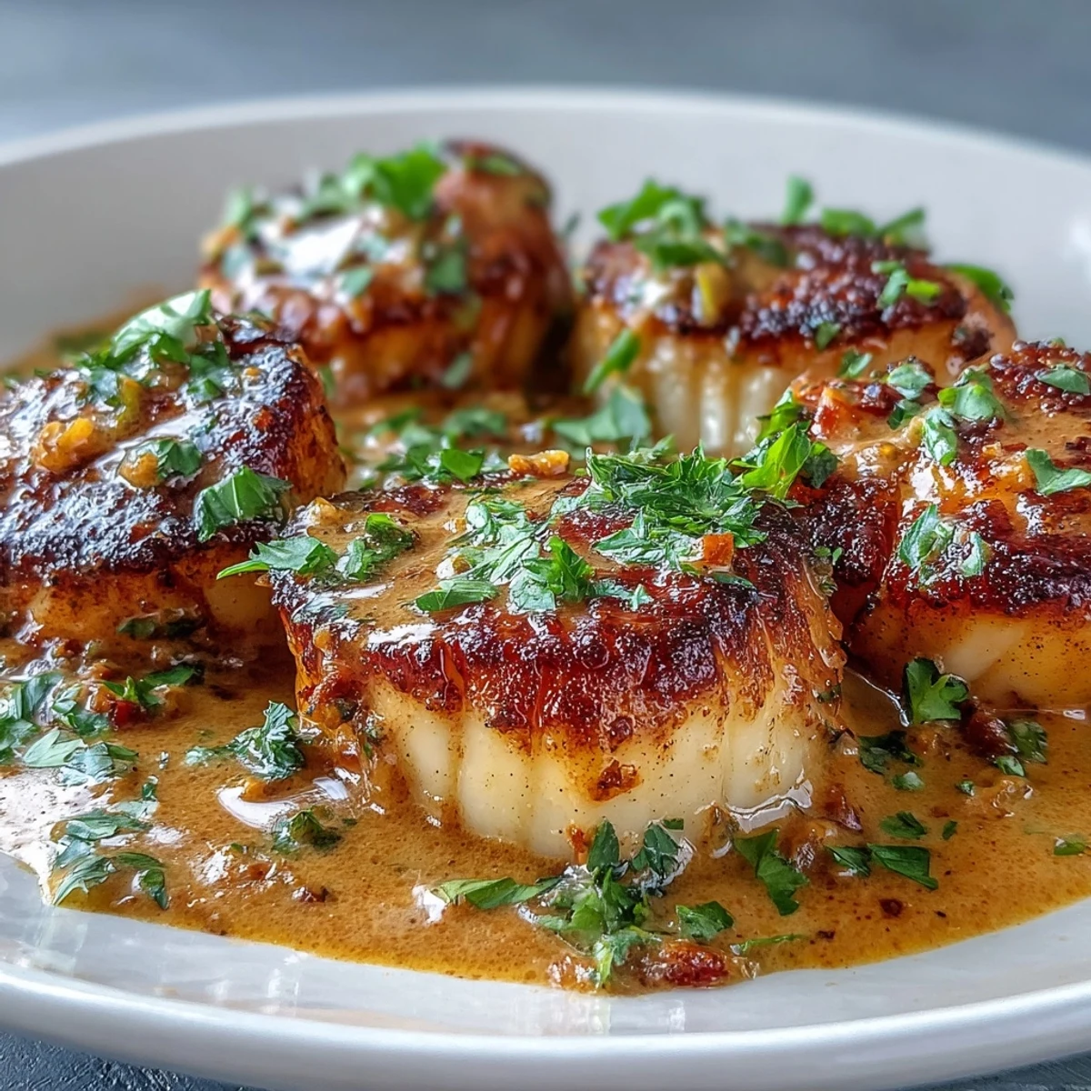 Golden-brown seared scallops with spicy Cajun cream sauce, garnished with fresh parsley on a rustic plate.