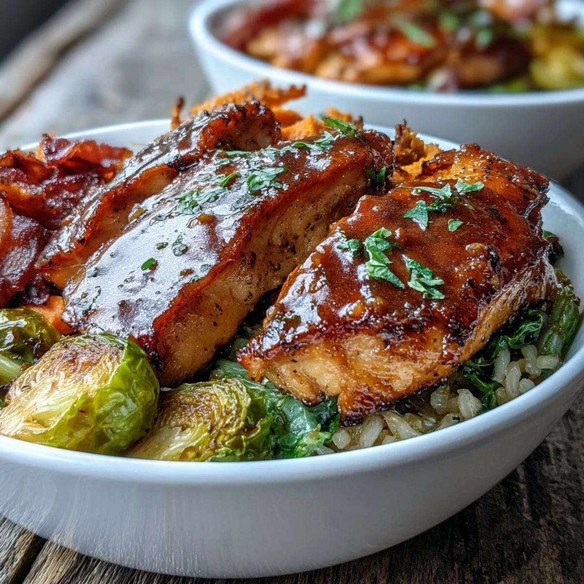 Juicy maple Dijon glazed chicken slices rest over roasted sweet potatoes, Brussels sprouts, and brown rice, ready to serve.