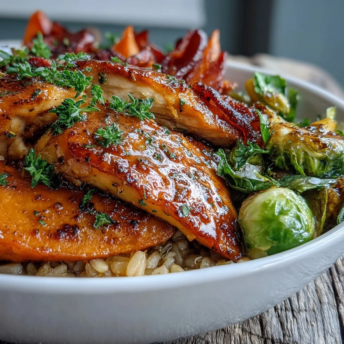 Hearty meal prep bowls feature tender glazed chicken, roasted autumn vegetables, and wholesome grain base, served warm for dinner.
