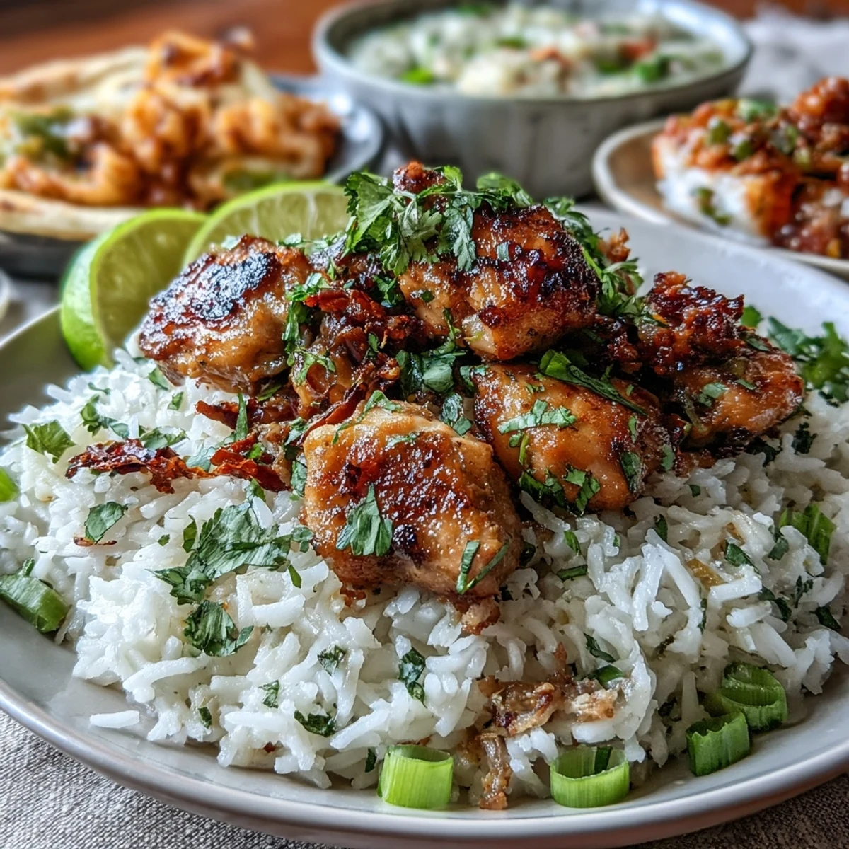 A warm Coconut Chicken Rice Bowl topped with fresh cilantro and lime wedges, served in a white ceramic bowl on a rustic wood table.