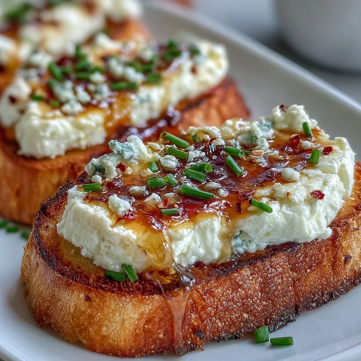 Rustic crostini spread with tangy goat cheese and cream cheese, finished with a spicy-sweet hot honey glaze and flaky sea salt.