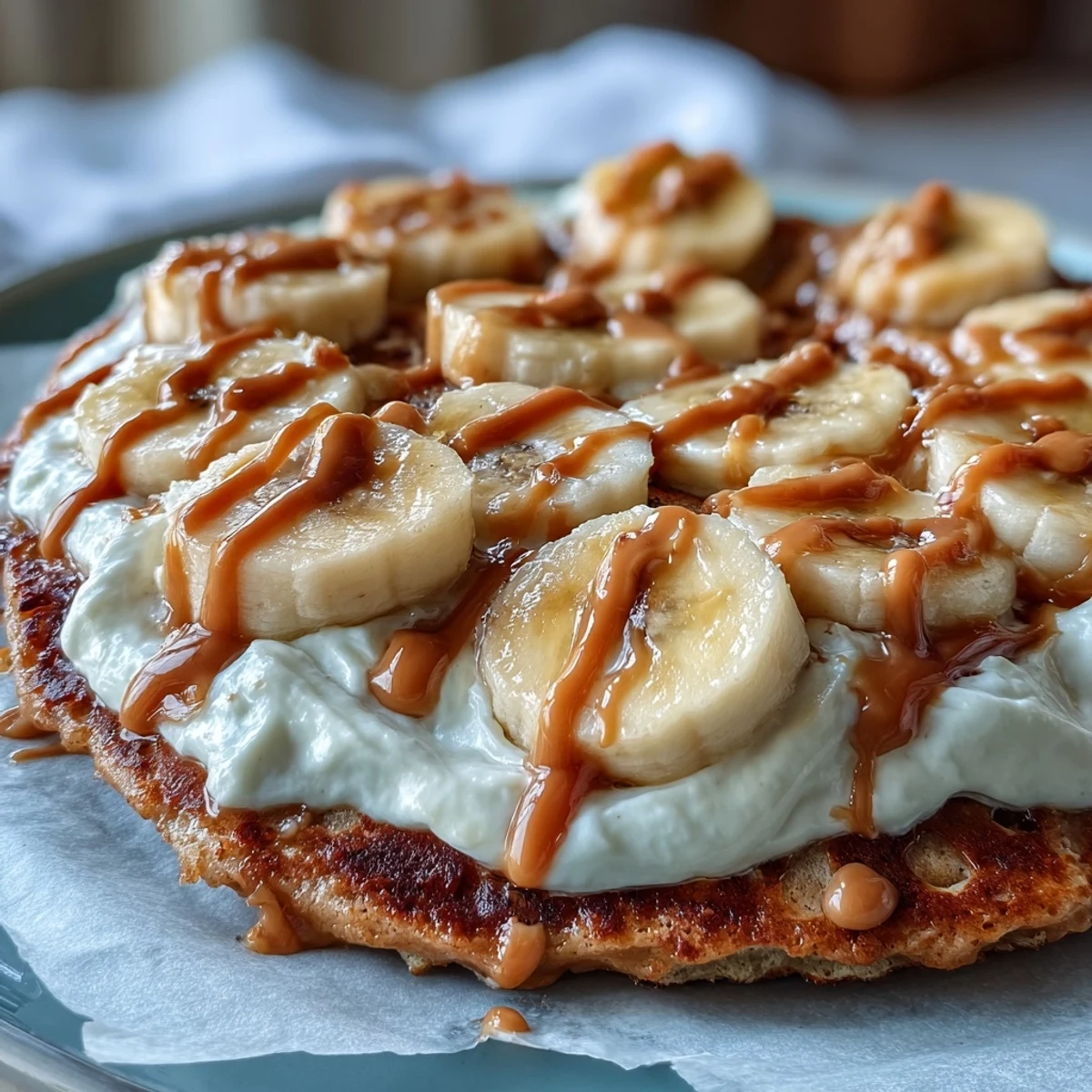 Freshly baked High-Protein Breakfast Pizza Bowl with a golden pancake base topped with creamy Greek yogurt frosting.