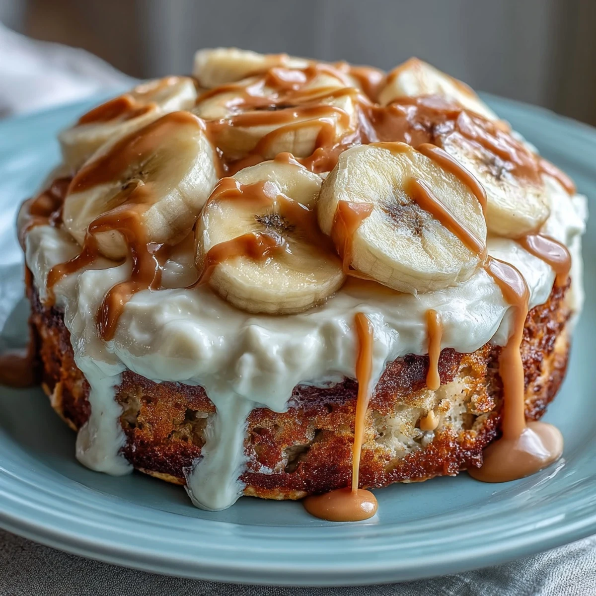 A warm slice of High-Protein Breakfast Pizza Bowl featuring a rich peanut butter drizzle and ripe banana slices.