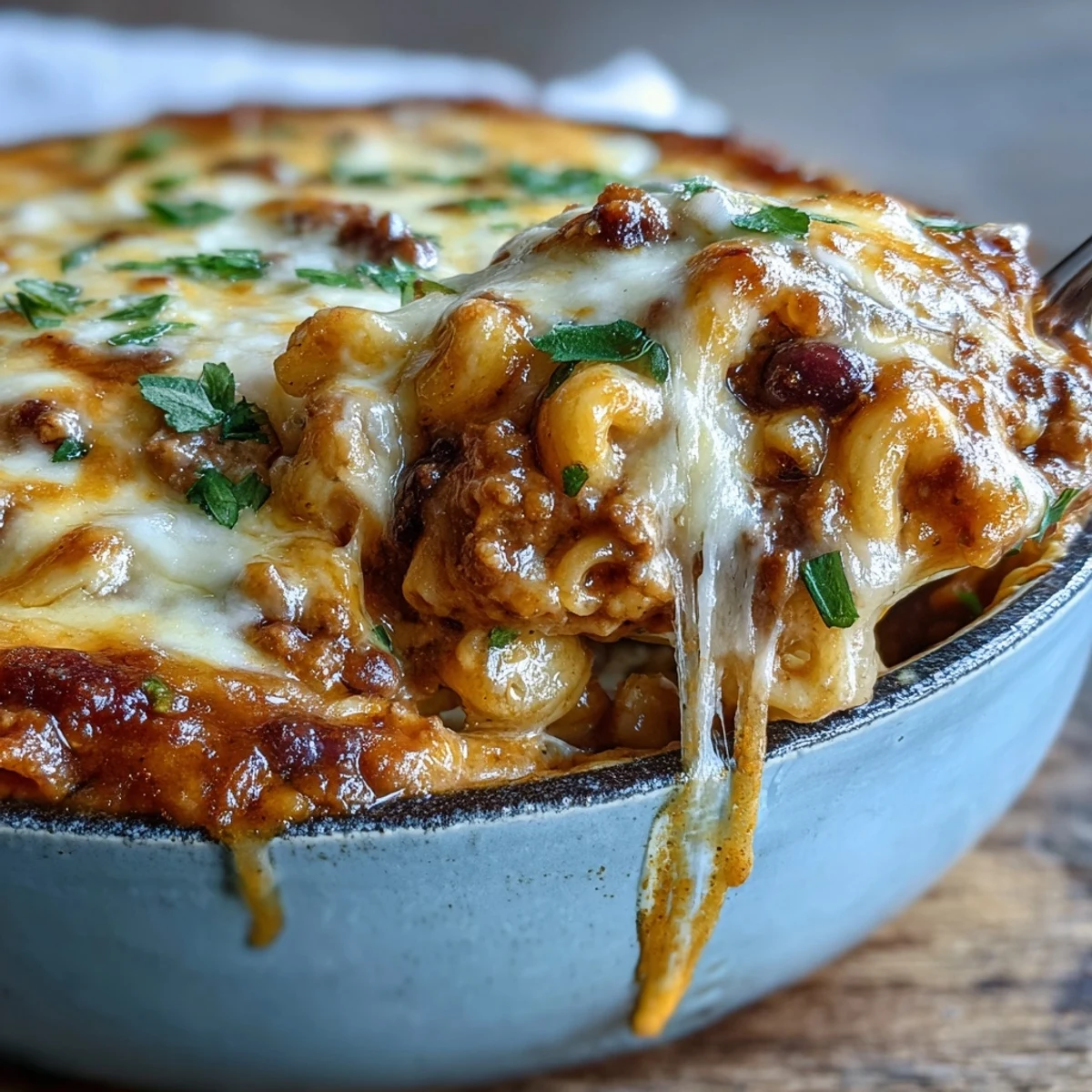 A spoon lifts cheesy, saucy Baked Ranch Turkey Chili Mac from a Dutch oven, served with sour cream.