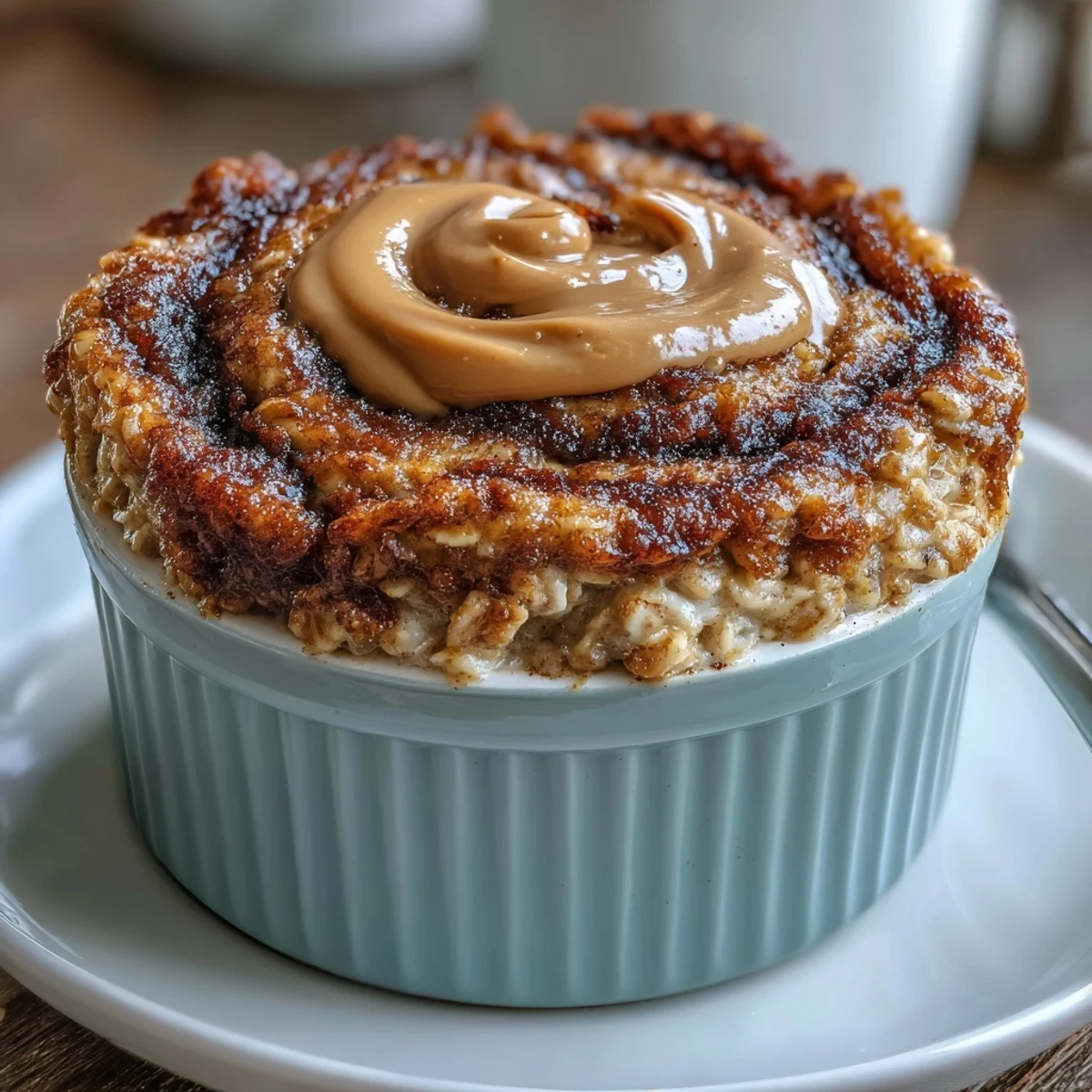 Cinnamon Swirl Protein Banana Baked Oats bubbling in a ramekin, golden top with warm cinnamon ribbon