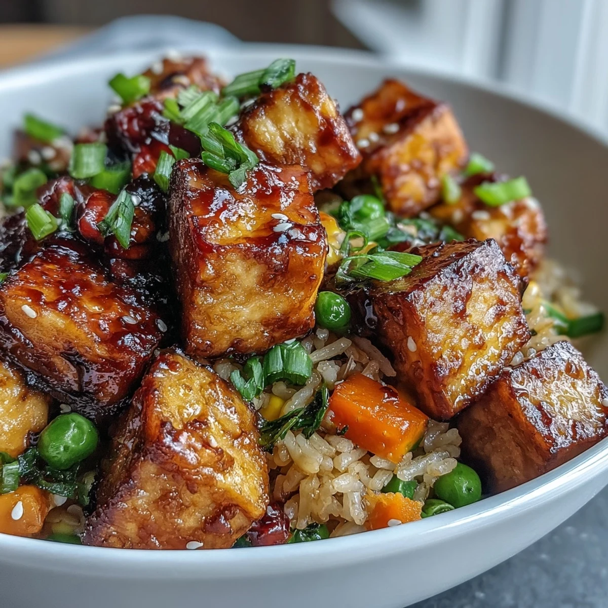 A close-up shows the finished Crispy Sesame Tofu Fried Rice served in a bowl, garnished with sesame seeds and fresh scallions.