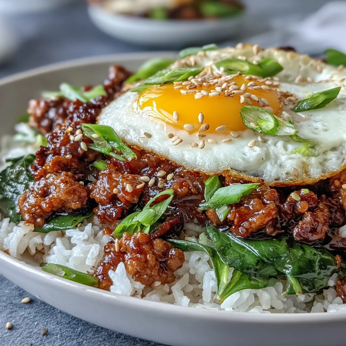 Creamy Korean Turkey Rice Skillet topped with a sliced jammy egg, scallions, and sesame seeds on a white plate.