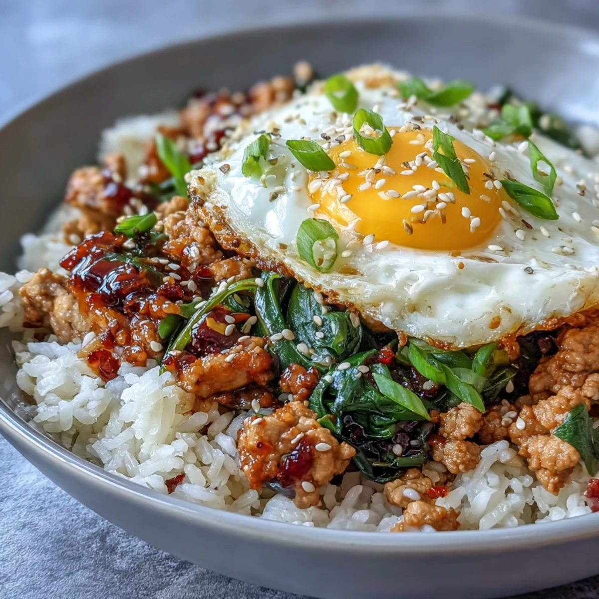 Fork-ready Creamy Korean Turkey Rice Skillet served with spicy kimchi on the side, perfect for weeknight dinner inspiration.