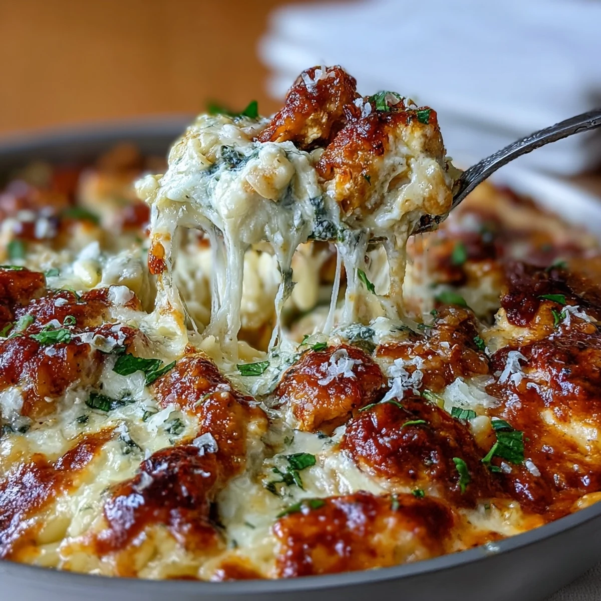 Golden, bubbly mozzarella melts over creamy ricotta dollops on the One-Pan Creamy Chicken Lasagna Orzo in a rustic skillet, garnished with fresh basil.