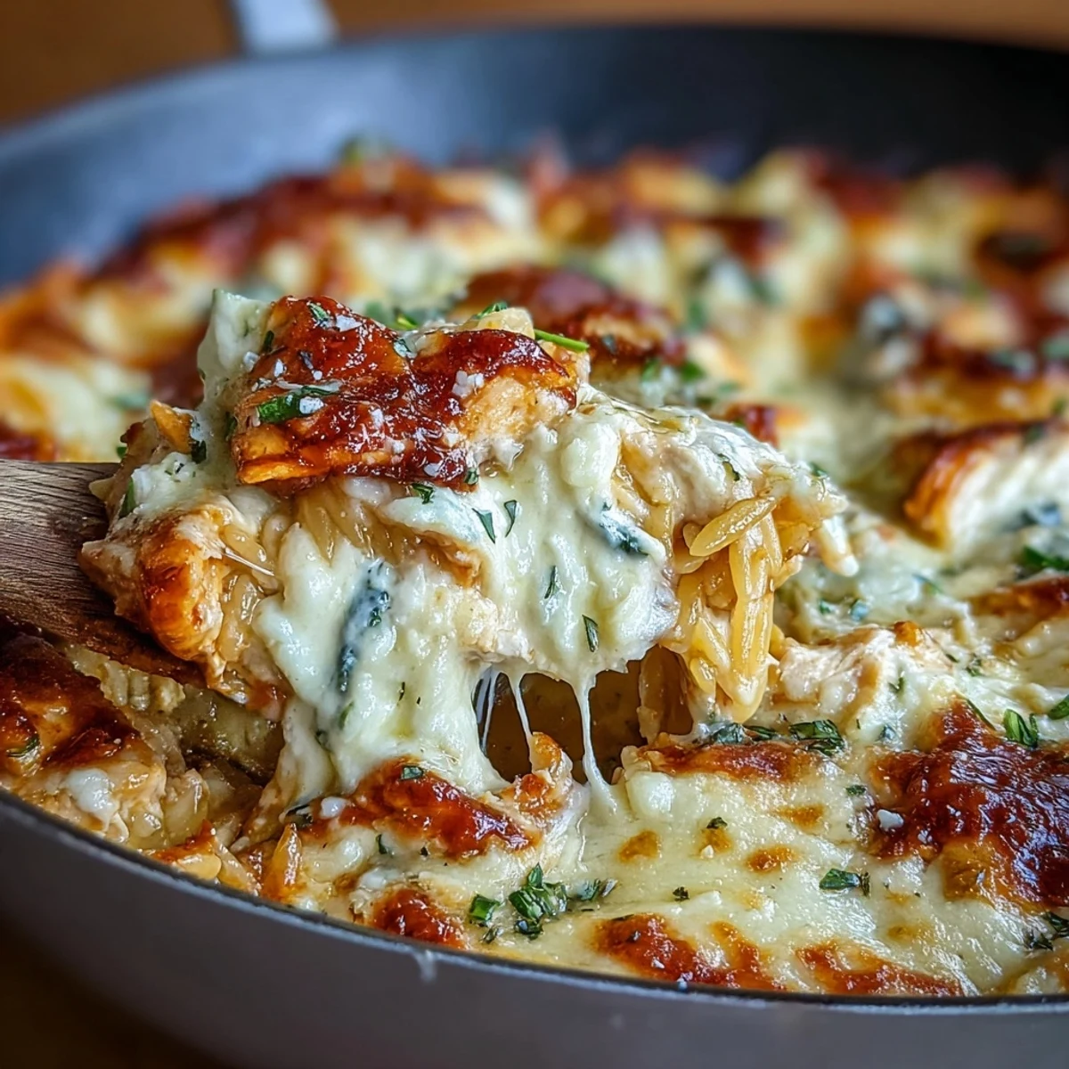 A steaming skillet of One-Pan Creamy Chicken Lasagna Orzo with a wooden spoon, served beside a crisp green salad for a comforting 30-minute meal.