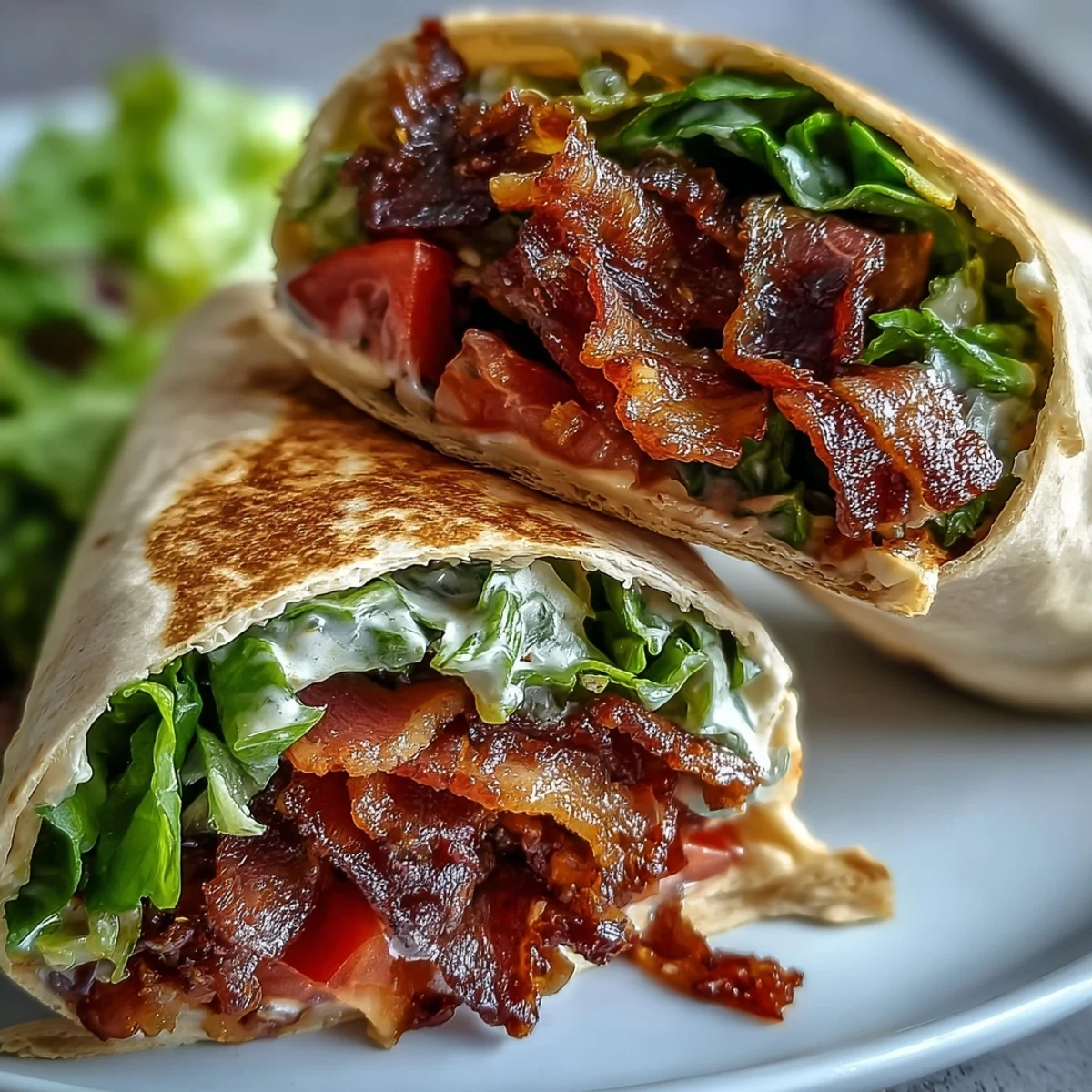 Gourmet BLT Wraps with Secret Sauce served on a wooden board, showcasing crisp lettuce, juicy marinated tomatoes, and crispy bacon wrapped in a soft tortilla.