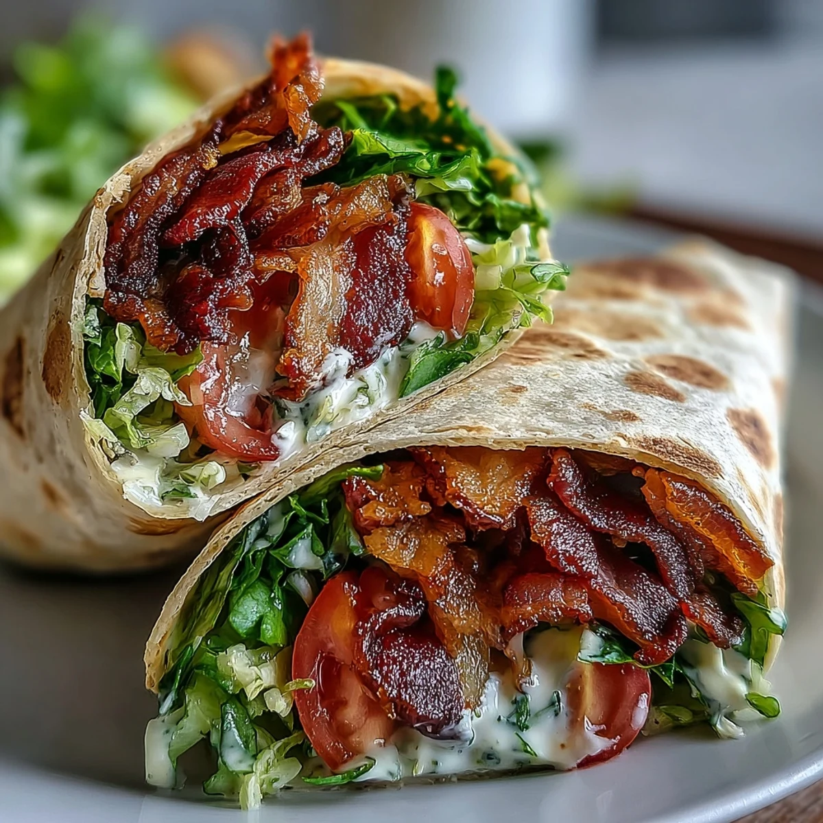 Close-up of Gourmet BLT Wraps with Secret Sauce, highlighting the tangy mayo drizzle and fresh layers of lettuce, tomatoes, and bacon.